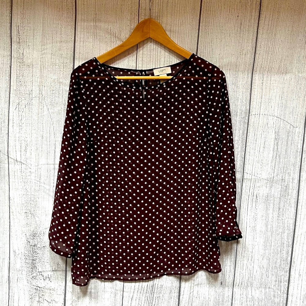 Ann Taylor Sheer Polka Dot Top in Dark Maroon Size XS